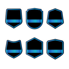 Set of black shields with blue ribbons in trendy flat style isolated on white background. Herald logo and medieval Shield symbol for your web site design, logo. Vector illustration. EPS10.