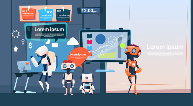 Modern Office Business Robots Group Working, Company Cyborg Team Banner With Copy Space Flat Vector Illustration