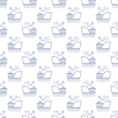 Blue Vessel on White Background, Seamless Maritime Travel Pattern, Line Style Design, Vector Illustration