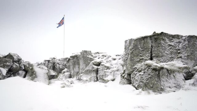 Iceland scenic landscape nature winter snow cold outside golden flag