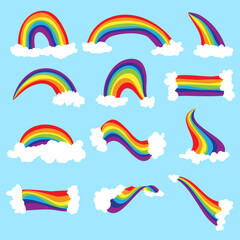 Cute cloud and rainbow vector set. Rainbow cartoon illustration with clouds in sky. Hand draw cute rainbow and cloud