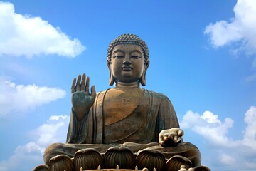 Tian Tan Buddha or Giant Buddha statue at Po Lin Monastery Ngong Ping, Lantau Island, Hong Kong, China isolated on white background