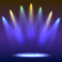 Background with rays of light from the colored spotlights. Bright lighting with coloring spotlights, projector. Shined scene, illumination effects on dark backdrop.