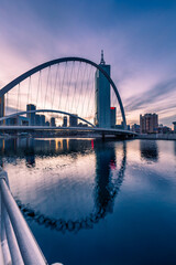 Downtown City skyline along the River at twilight in Tianjin,China.
