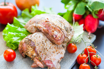 Marinated chicken meat and vegetables 