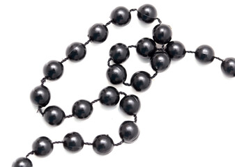 Black beads on a white background