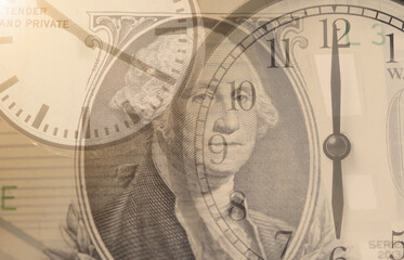 time is money. Double exposure alarm clock and dollar money. concept business save finance.