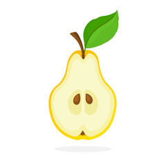Vector illustration in flat style. A piece of yellow pear cut in half with stem and leaf. Healthy vegetarian food. Decoration for greeting cards, prints for clothes, posters, menus