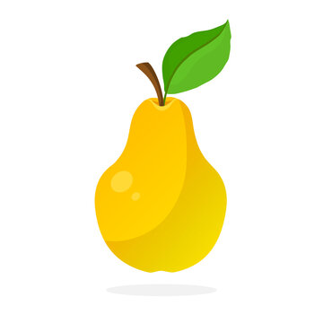Vector illustration in flat style. Yellow pear with stem and leaf. Healthy vegetarian food. Decoration for greeting cards, prints for clothes, posters, menus