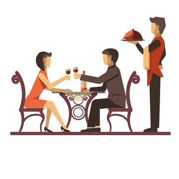 Young couple dating in restaurant and waiter near
