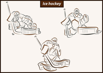 Set of a vector illustration shows a hockey goalkeeper in action. Ice Hockey