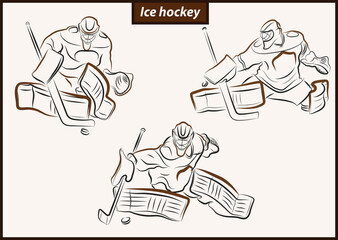 Set of a vector illustration shows a hockey goalkeeper in action. Ice Hockey