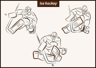 Set of a vector illustration shows a hockey goalkeeper in action. Ice Hockey