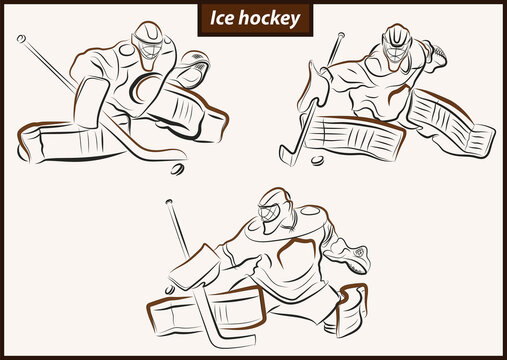 Set of a vector illustration shows a hockey goalkeeper in action. Ice Hockey