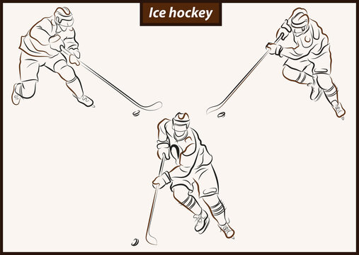Set of a vector illustration shows a hockey player in attack. Ice Hockey