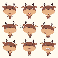 Set funny deer in different poses. Collection isolated deer in cartoon style for design children holiday and christmas sale.