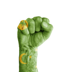 Flag of Cocos (Keeling) Islands painted on human fist like victory symbol