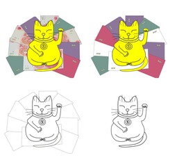 Golden lucky cat sitting on the money. Vector.