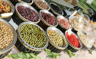 market stall with products of the Mediterranean areas with olive