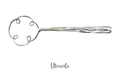 kitchen tools utencils illustration. Hand drawn watercolor on white background.