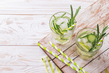 Cold rosemary, lime and cucumber lemonade.  Copyspace, top view