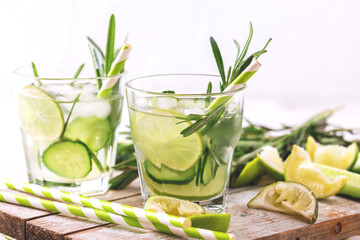 rosemary, lime and cucumber lemonade. Copyspace, horizontal view