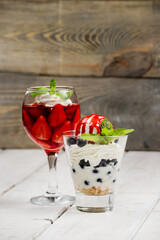 Ice cream with whipped cream, blueberries, mint and strawberry jam