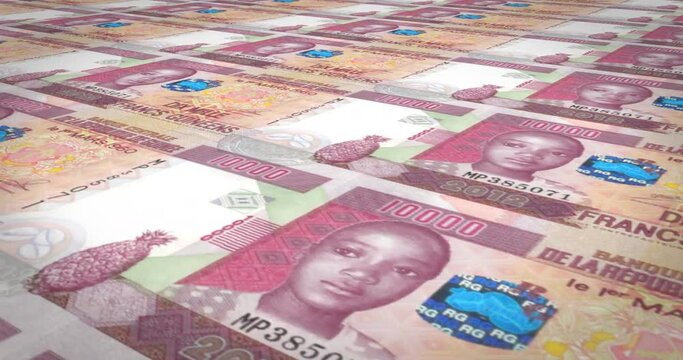 Banknotes of ten thousand guinean francs rolling, cash money, loop