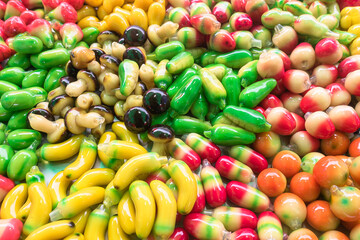 Colorful Asian delicious deletable imitation fruits.