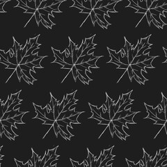 Seamless Pattern Of Palmate Maple Leaves Hand Drawn Sketch Black Outline