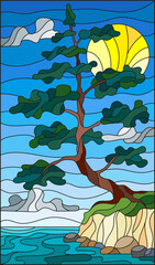 Naklejki  Illustration in the style of stained glass with a lone pine tree standing on the Bank on the background of sky, sun and water
