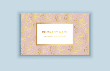 Vector tropical pink and gold business card. Exotic design for cosmetics, spa, perfume, health care products.