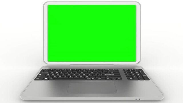 Animazione - Chroma key. Computer portatile grigio. Apertura e chiusura. Con spazio per Chroma key in corrispondenza al monitor.