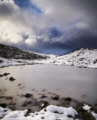 Storm clouds over a frozen Loch Allt an Daraich with the summit of Creag Dhubh in the distance. Scottish Highlands, Scotland, UK.