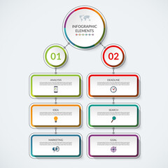 Infographic flow chart template with 2 option circles and 6 tabs. Modern minimalistic vector banner that can be used as diagram, graph, table, workflow layout for web, report, business presentation
