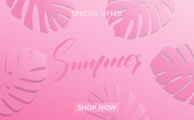 Fototapeta na wymiar Summer sale banner with monstera leaves and lettering Summer for promotion, discount, sale, web. Millenials pink color trendy illustration