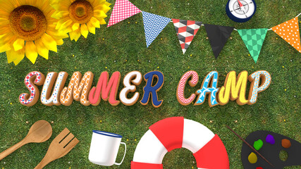 芝生の上のSUMMER CAMPアルファベットこどもの夏休みのサマーキャンプオブジェクト