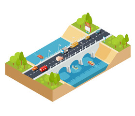 Vector 3D isometric illustration of cross section of a landscape with a flowing river and automobile bridge through it with moving transport.