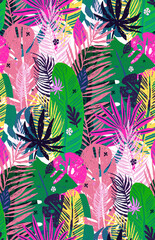 Seamless exotic pattern with mottled tropical palm leaves, summer background. Vector botanical illustration, design elements.