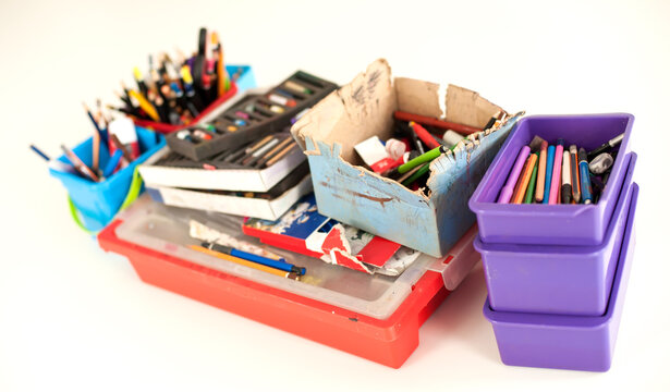School stationery supplies on the table. Children workplace accessories