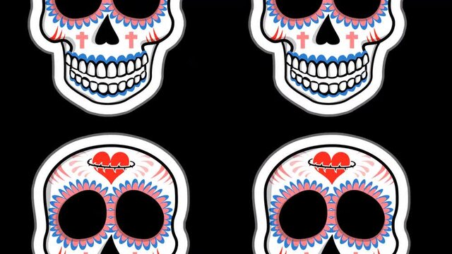 Seamless animation of cartoon mexican candy skulls with alpha.