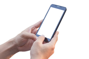 Hand holding mobile smart phone isolated on white blackgroune