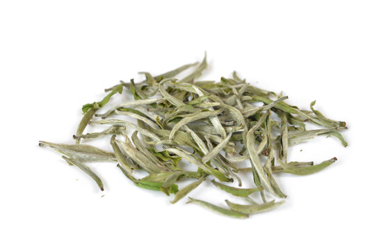 Chinese white tea leaf (Silver needle white tea) on white background  - isolated