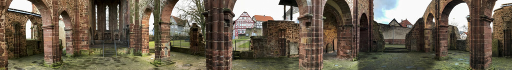Panoramic view of old church ruin.
