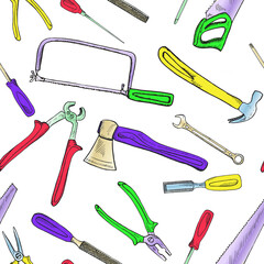 Handsaw, coping saw, chisel, bradawl, hammer, file, screwdriver, wrench, pliers and axe, seamless pattern design, hand drawn doodle, sketch in pop art style, colorful on white background