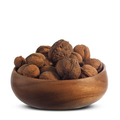 Wooden bowl with walnuts on white background