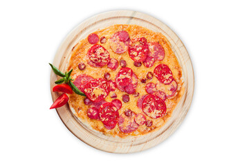 pizza on round wooden plates on a white background