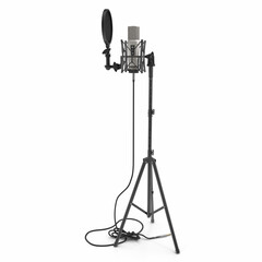 A condenser microphone with stand isolated on white. 3D illustration