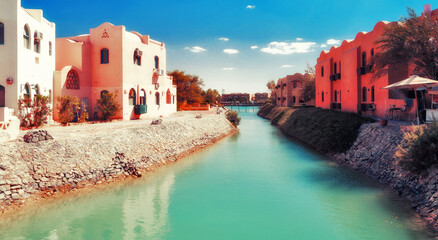 Canals, buildings and resort equipment at El Gouna resort. Egypt, North Africa. Travel and vacation concept