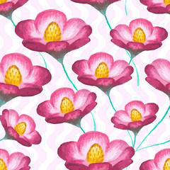 Vector seamless floral pattern with cosmos flowers (pink asters). Stylish illustration with blooming plants on wavy background. Design element for prints, decor, fabric, textile, cloth